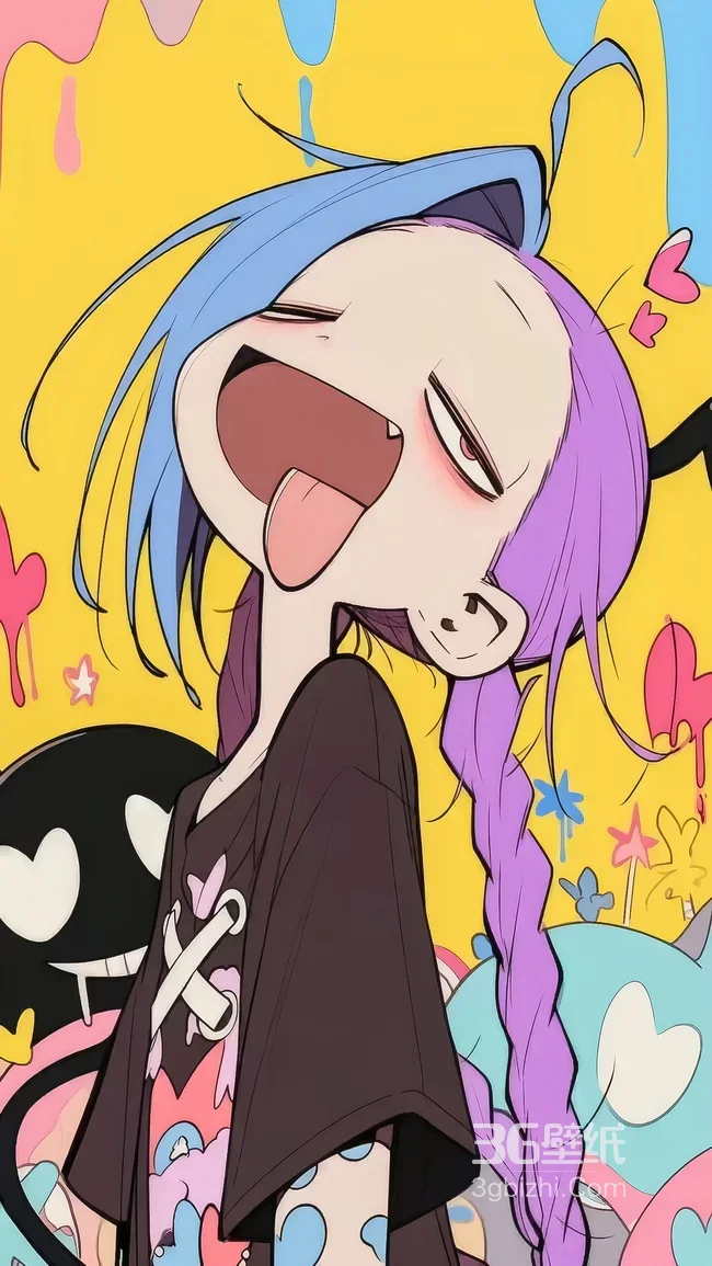 蓝紫发搞怪动漫女孩·二次元潮流风 个性潮流手机壁纸推荐1