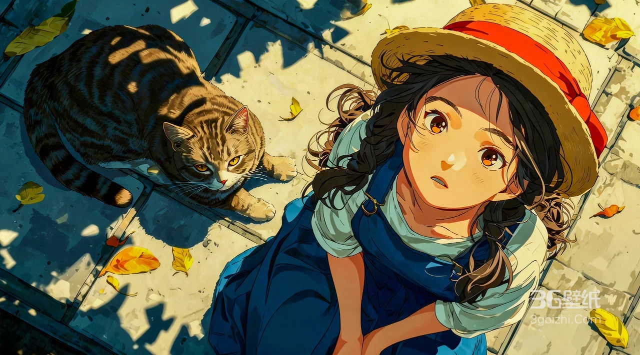 日系动漫风女孩与虎斑猫·秋叶暖阳电脑壁纸推荐1