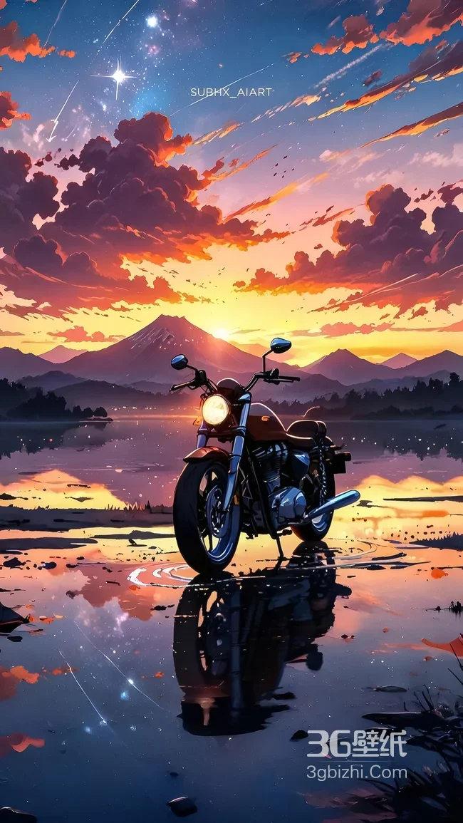 摩托车·富士山日落湖景 唯美动漫风 热血浪漫手机壁纸1