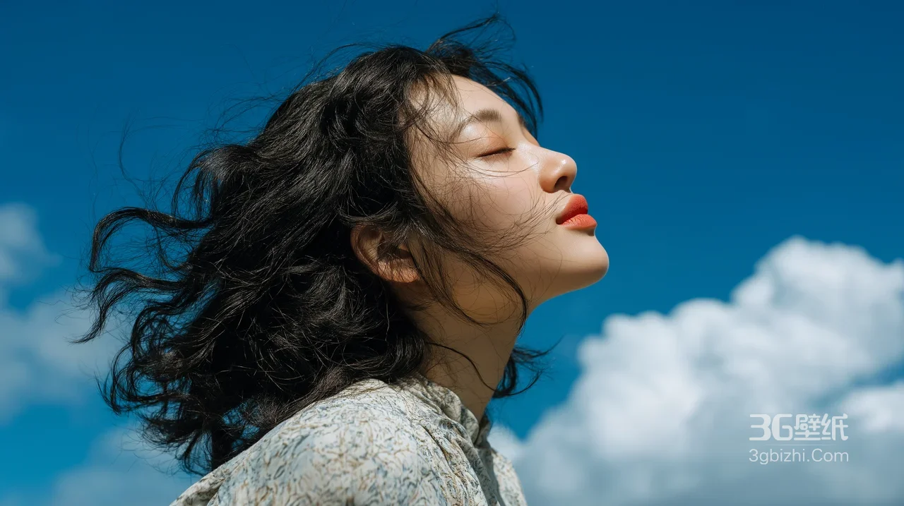 清新写实风少女闭眼享风·蓝天云朵 治愈系电脑壁纸推荐1
