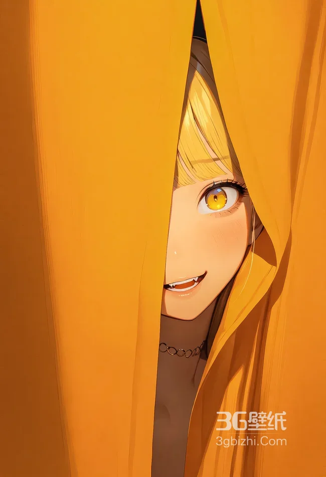 二次元动漫少女·虎牙黄眼 暖橙布帘手机壁纸1