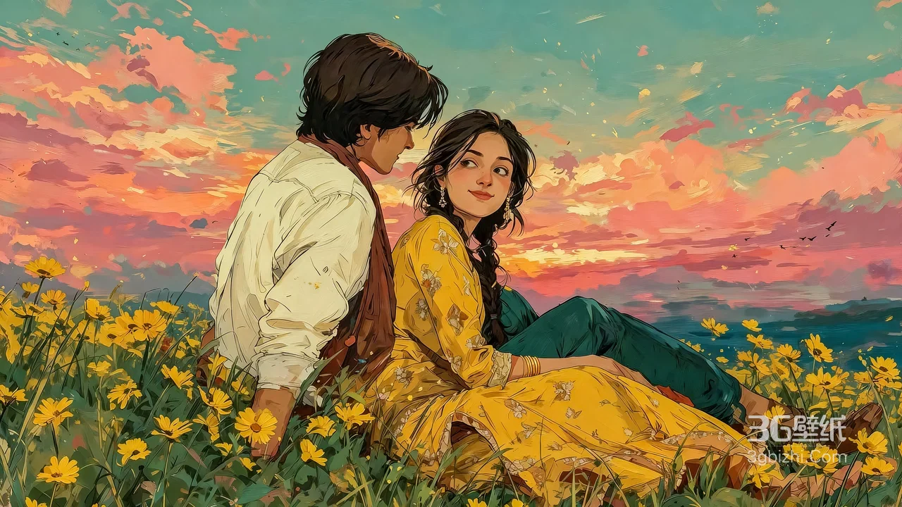 情侣·花田日落相依 唯美国风手绘超高清电脑壁纸1