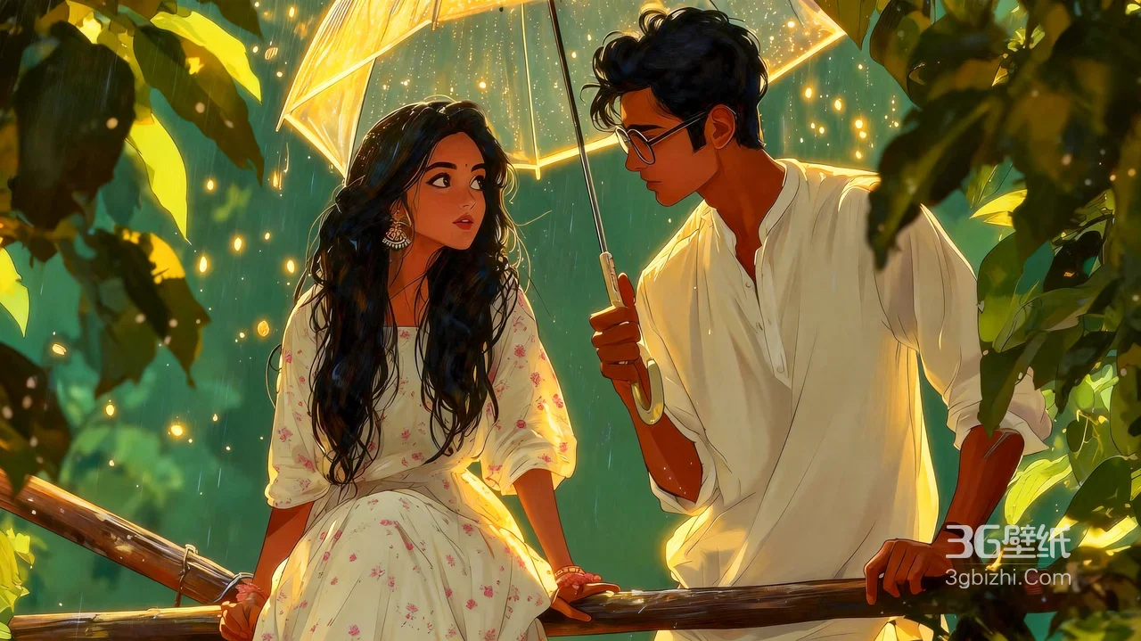 情侣·雨中撑伞 唯美国漫插画 浪漫电脑壁纸1