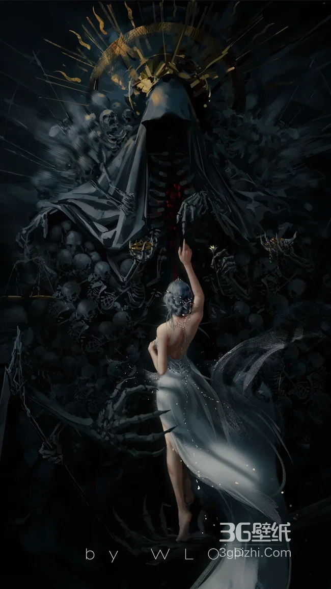 骷髅神明·白衣女子 暗黑奇幻风 WLOP插画 高人气手机壁纸1