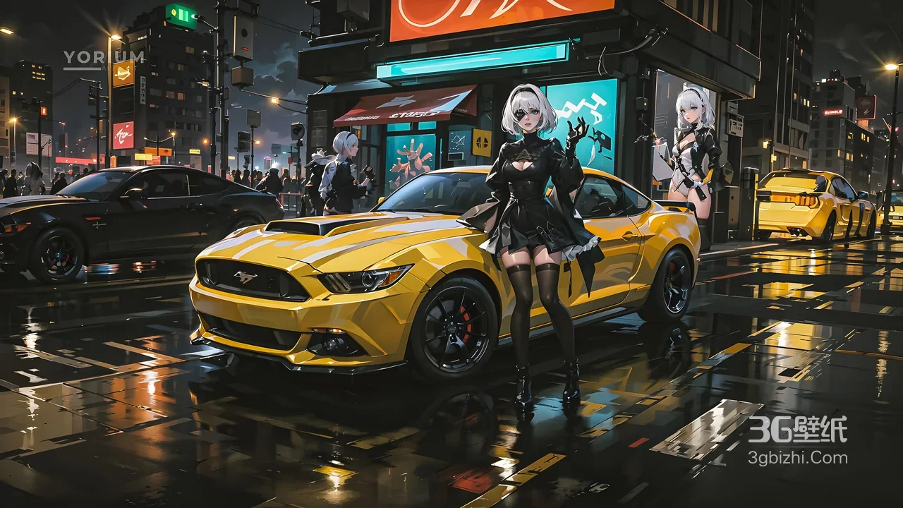 2B·尼尔机械纪元风 赛博朋克雨夜福特野马 超炫电脑壁纸1