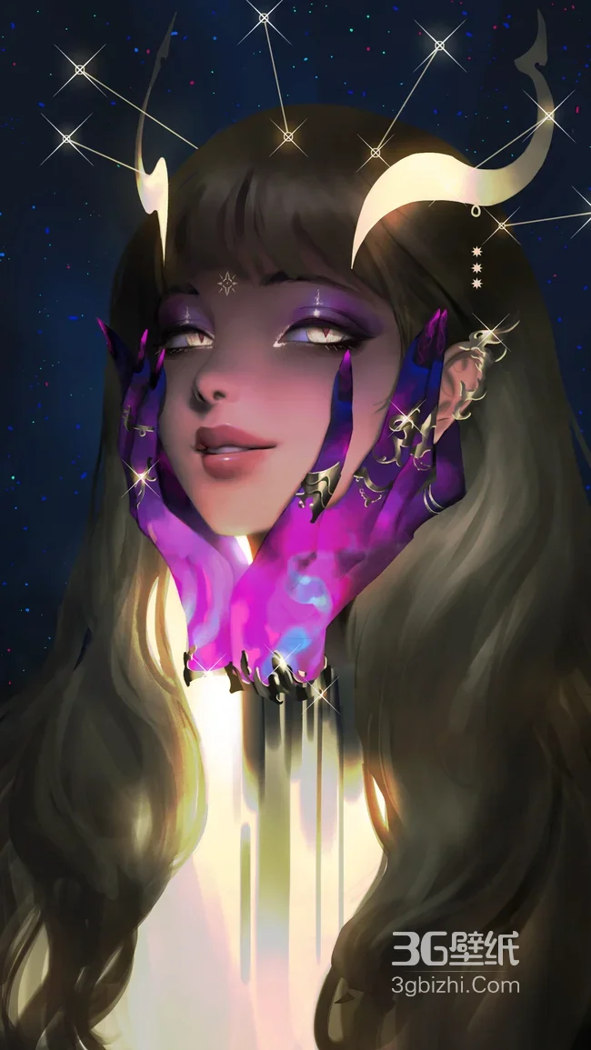 神秘少女·星空手套羊角星芒 唯美奇幻手机壁纸1