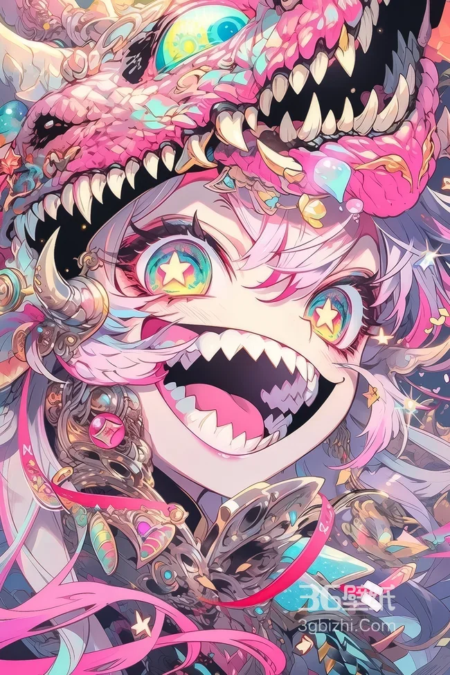 炫彩星星眼尖牙少女·龙饰 二次元原创插画个性手机壁纸1