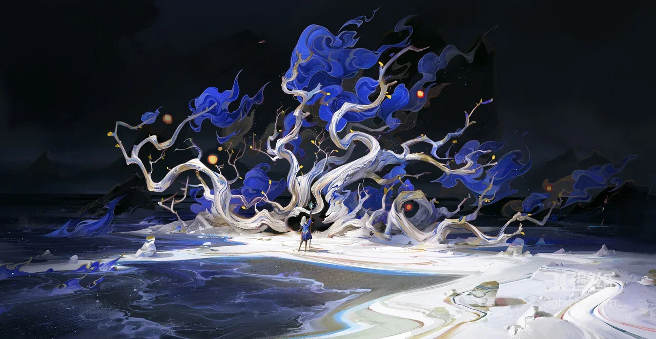 蓝焰灵树奇幻场景 二次元国风 宽屏车机壁纸1