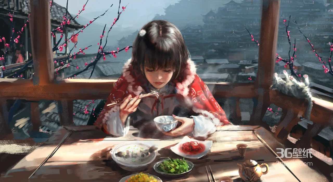 古风少女·暖食古建 国风写实插画 梅花猫咪电脑壁纸1