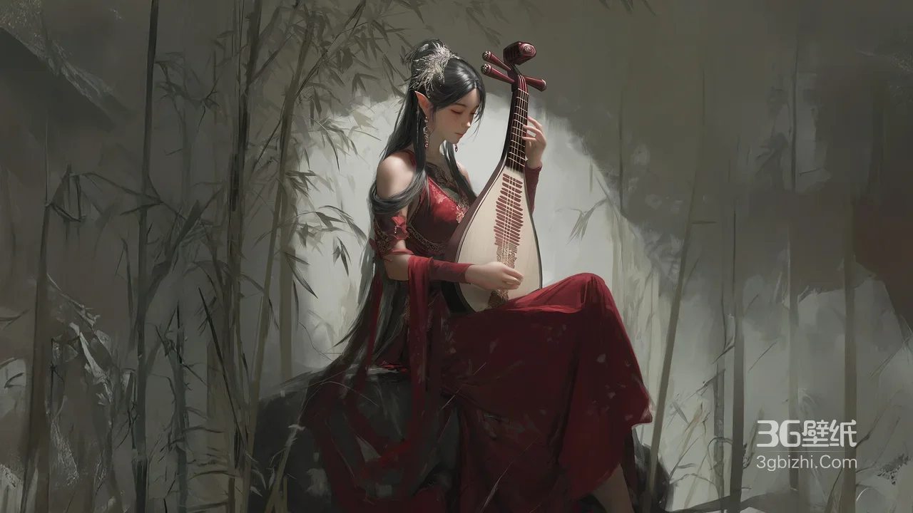 古风精灵耳女子·红裙弹琵琶 国风唯美宽屏电脑壁纸1