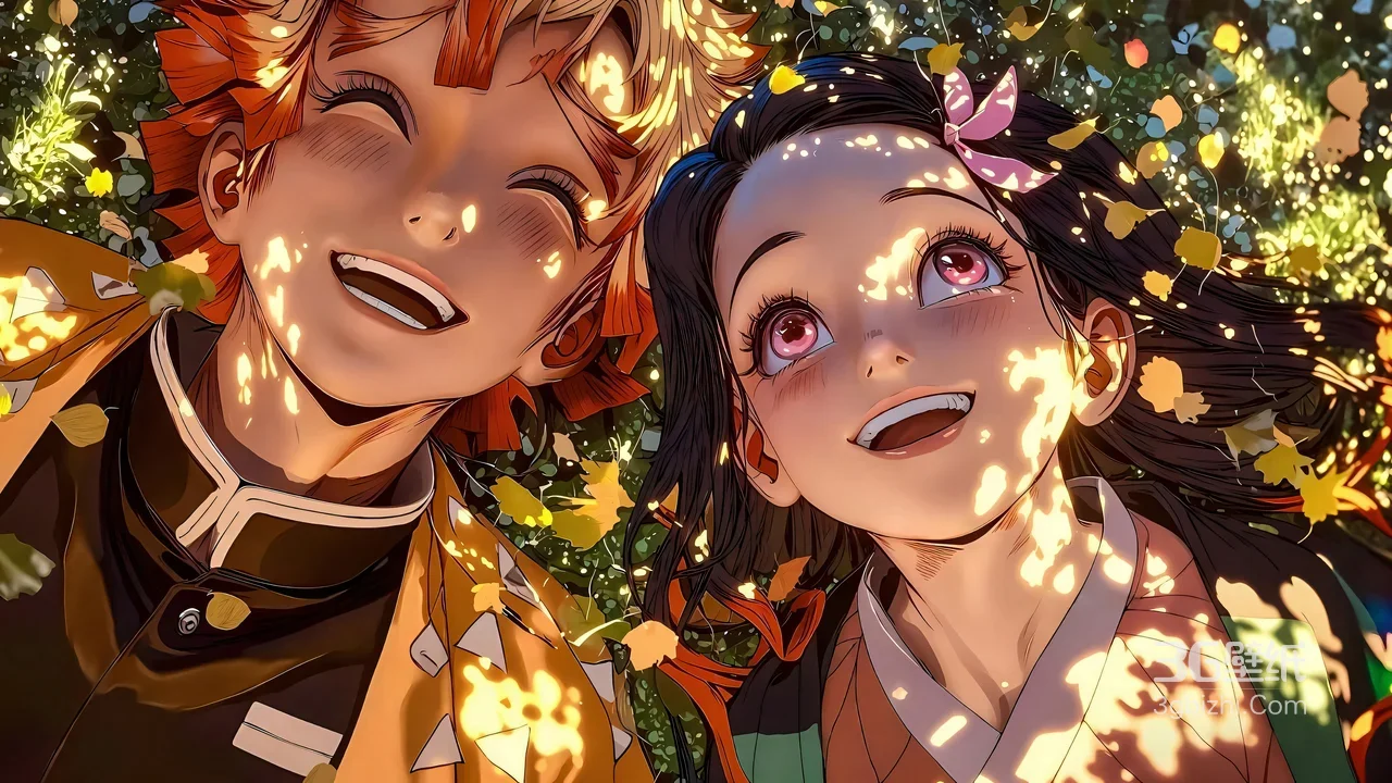 我妻善逸&祢豆子 鬼灭之刃唯美落叶光影动漫电脑壁纸1