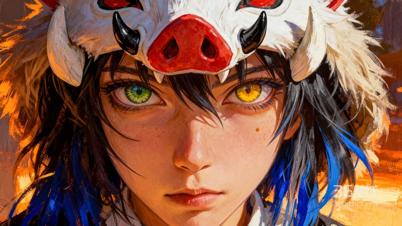 嘴平伊之助·异色瞳野猪面具 写实油画风鬼灭之刃宽屏壁纸1