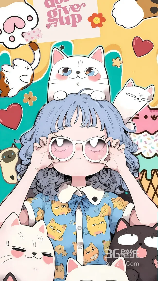蓝发眼镜女孩猫咪环绕 可爱治愈手机壁纸1