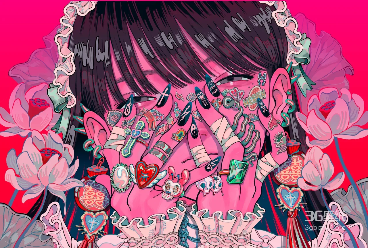 粉色系潮酷少女·赛博洛丽塔插画 宽屏车机壁纸1