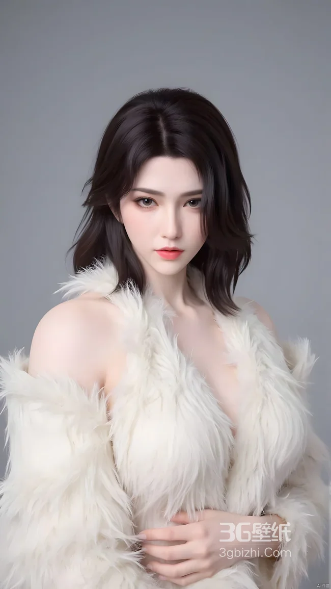 写实风气质女性·白色毛绒穿搭 高质感手机壁纸推荐1