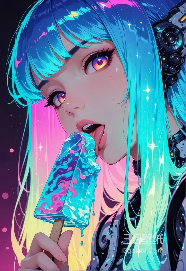 赛博朋克霓虹风动漫少女·星空冰棍（热门手机壁纸）1