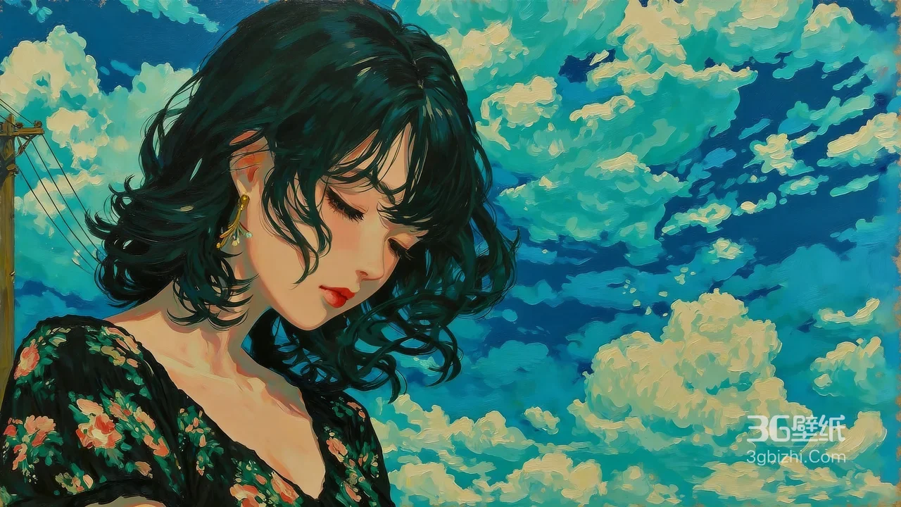 黑发卷发少女·碎花裙油画风 晴空云朵治愈电脑壁纸1