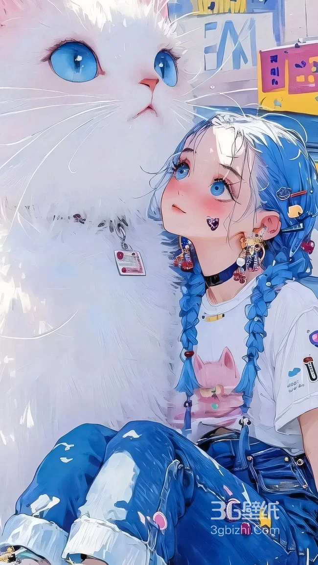 蓝发双辫少女·巨型蓝眼白猫 二次元插画风手机壁纸1