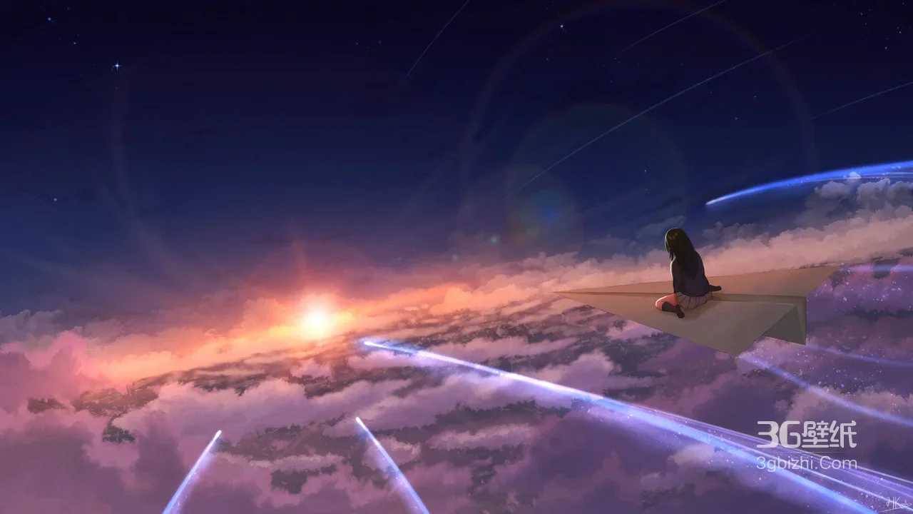 少女·纸飞机漫游云海日出 唯美二次元电脑壁纸1