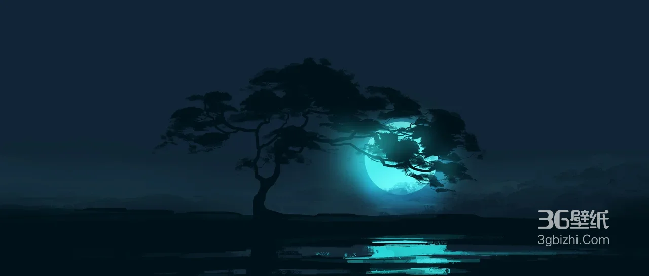 月夜孤树映水·国风唯美意境电脑壁纸（高人气桌面背景）1