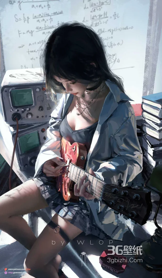 弹吉他少女·写实风·WLOP插画 文艺工作室壁纸1