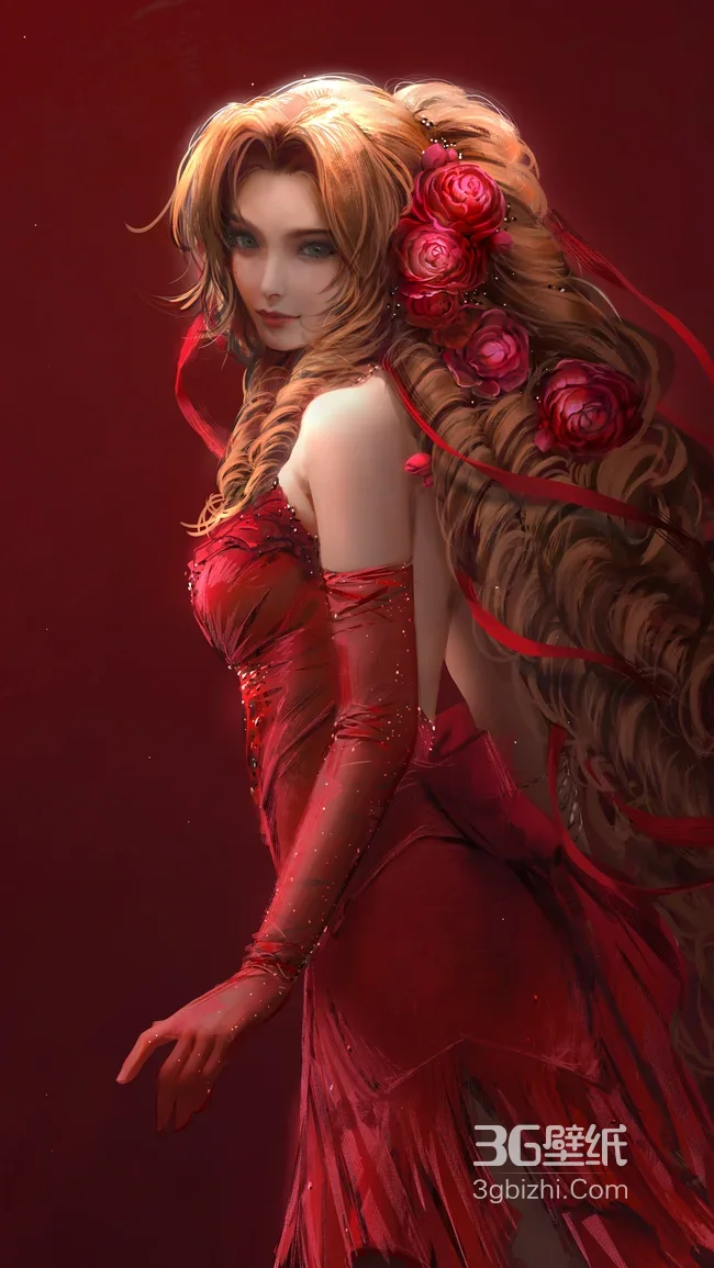 爱丽丝（最终幻想7）·红裙玫瑰编发 写实唯美壁纸1