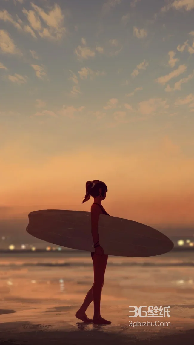 冲浪少女·黄昏海滩 治愈风 高人气手机壁纸1