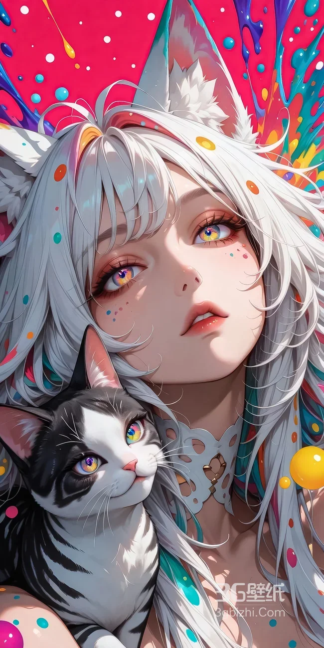异色瞳猫耳少女&炫彩猫咪 二次元梦幻风手机壁纸1