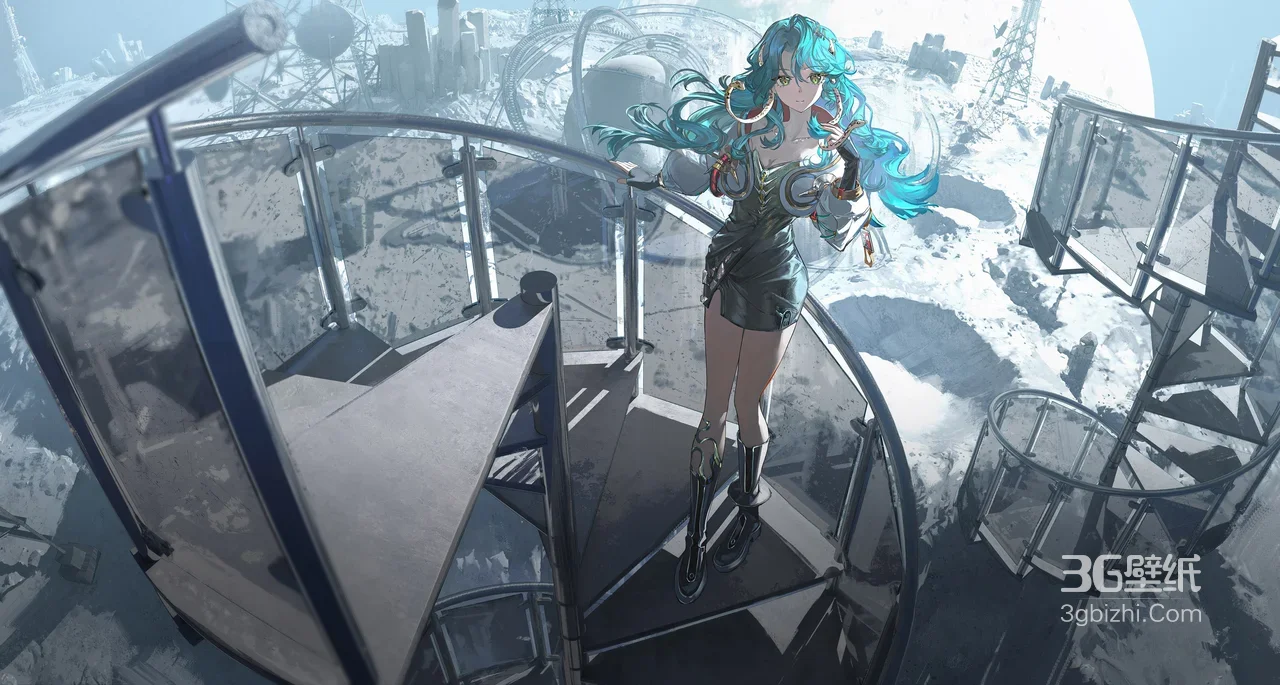 蓝发机械风少女·未来废墟都市 二次元科幻游戏风电脑壁纸1