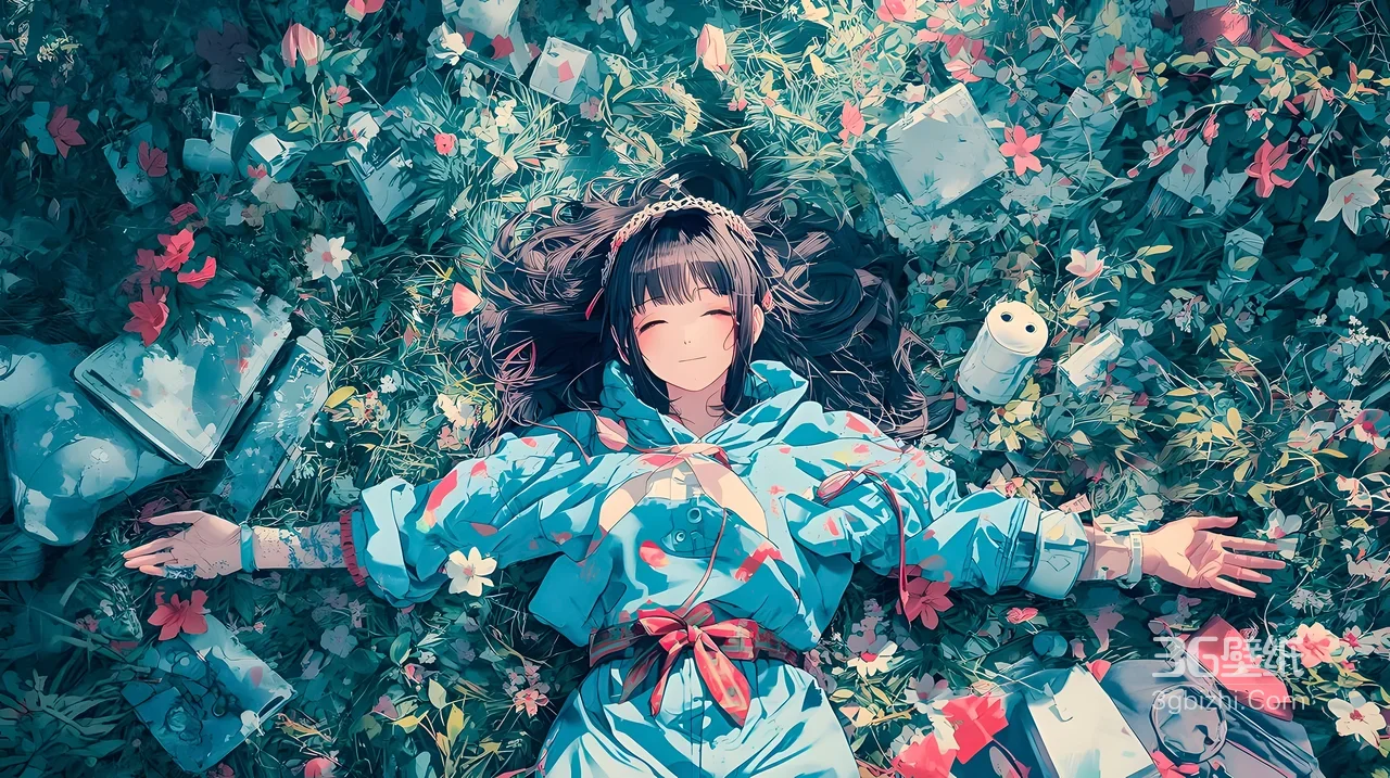 原创二次元少女·花海躺卧 唯美插画宽屏电脑壁纸推荐1