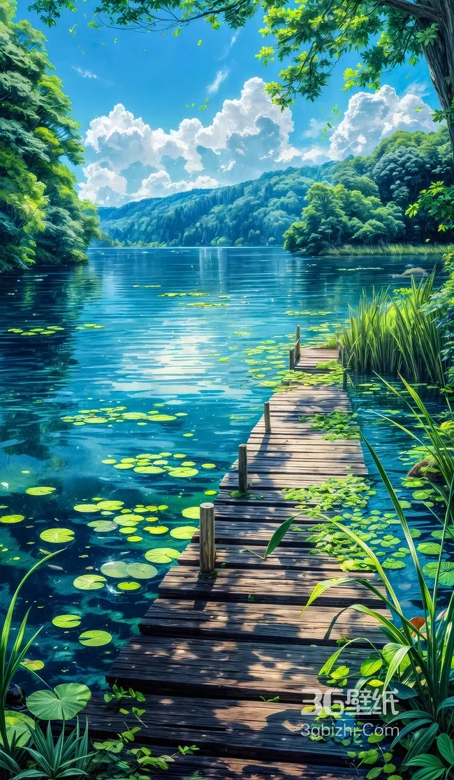 湖景木栈道睡莲·唯美清新风治愈自然手机壁纸1