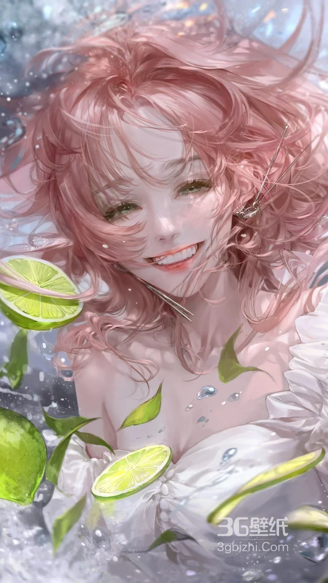 粉发少女·青柠水花环绕 唯美写实风 清新治愈手机壁纸1