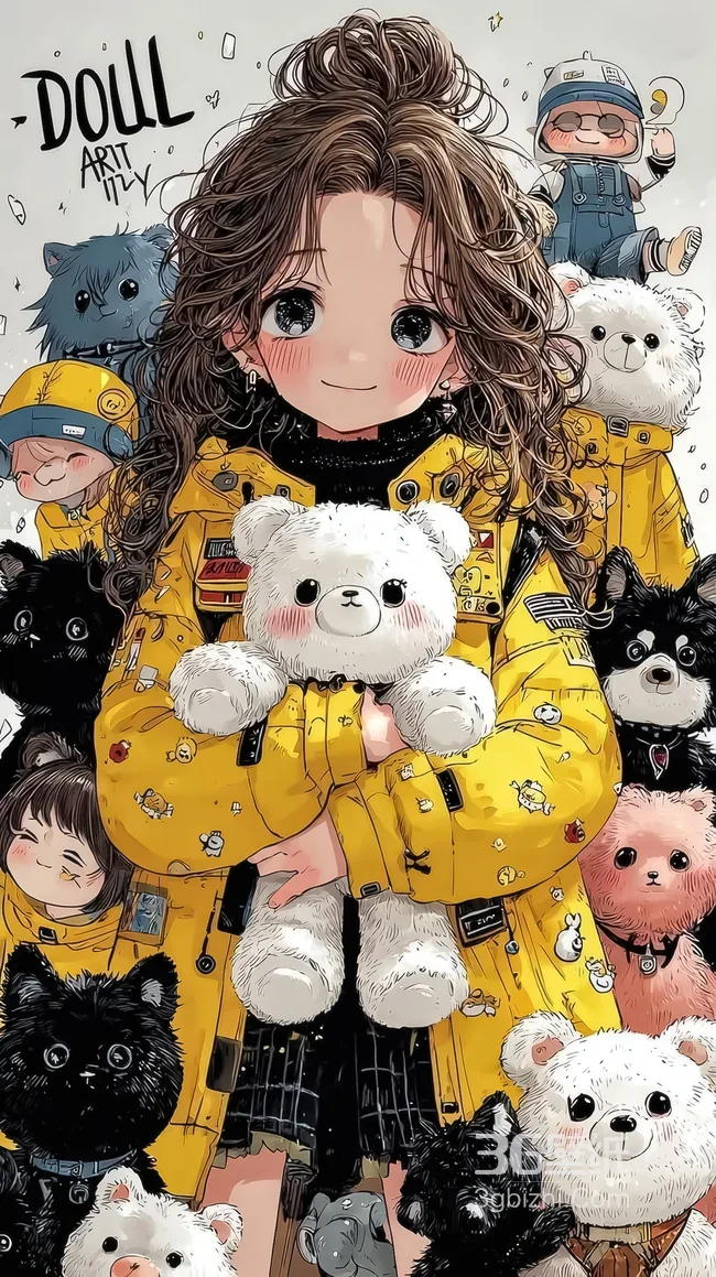 卡通女孩（ARTI TILY）·抱白泰迪 可爱插画宠物环绕手机壁纸1