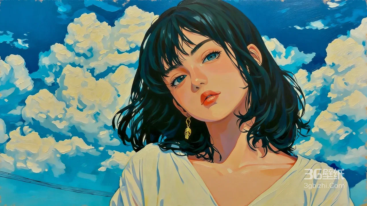 黑发蓝眼少女·油画风唯美 宽屏车机电脑壁纸1