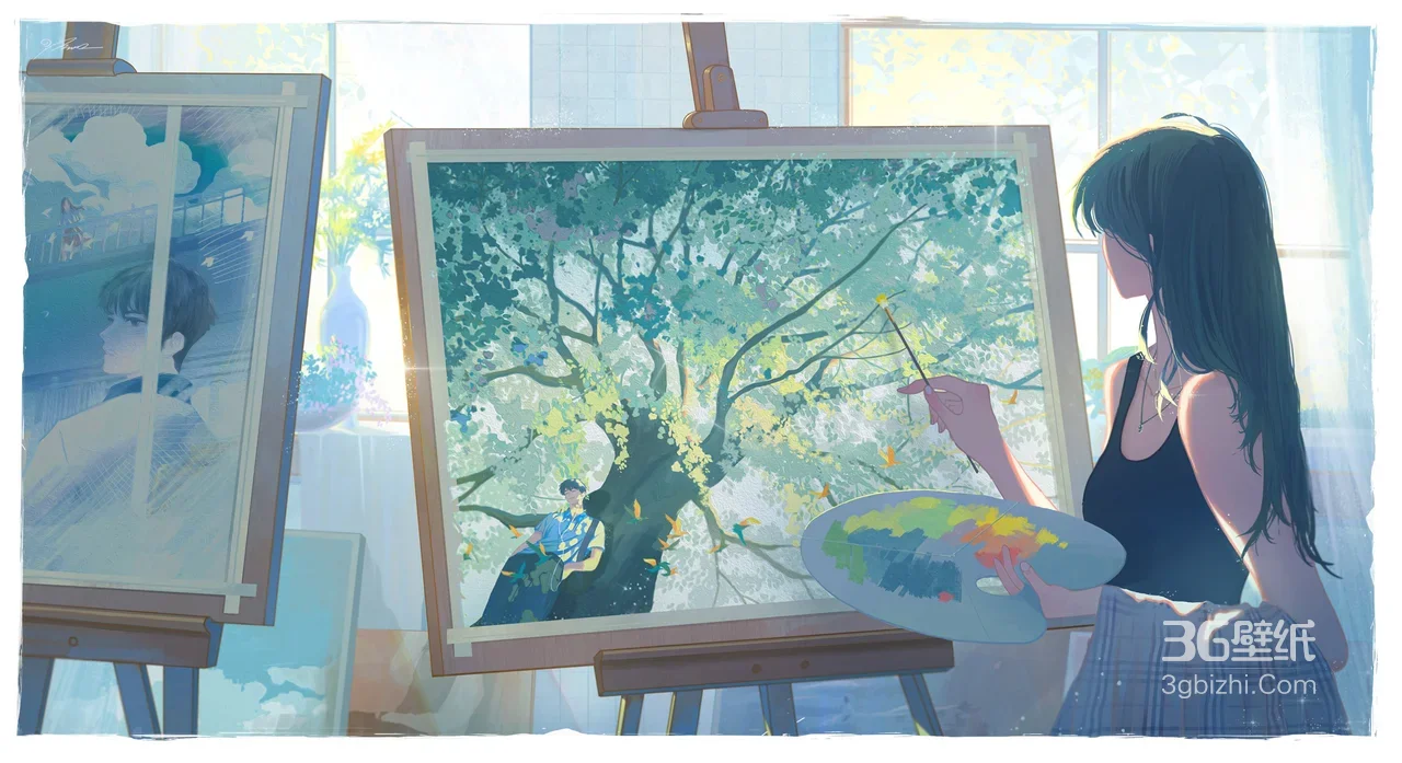 国漫风画室作画女孩·树与男孩 治愈系电脑壁纸1