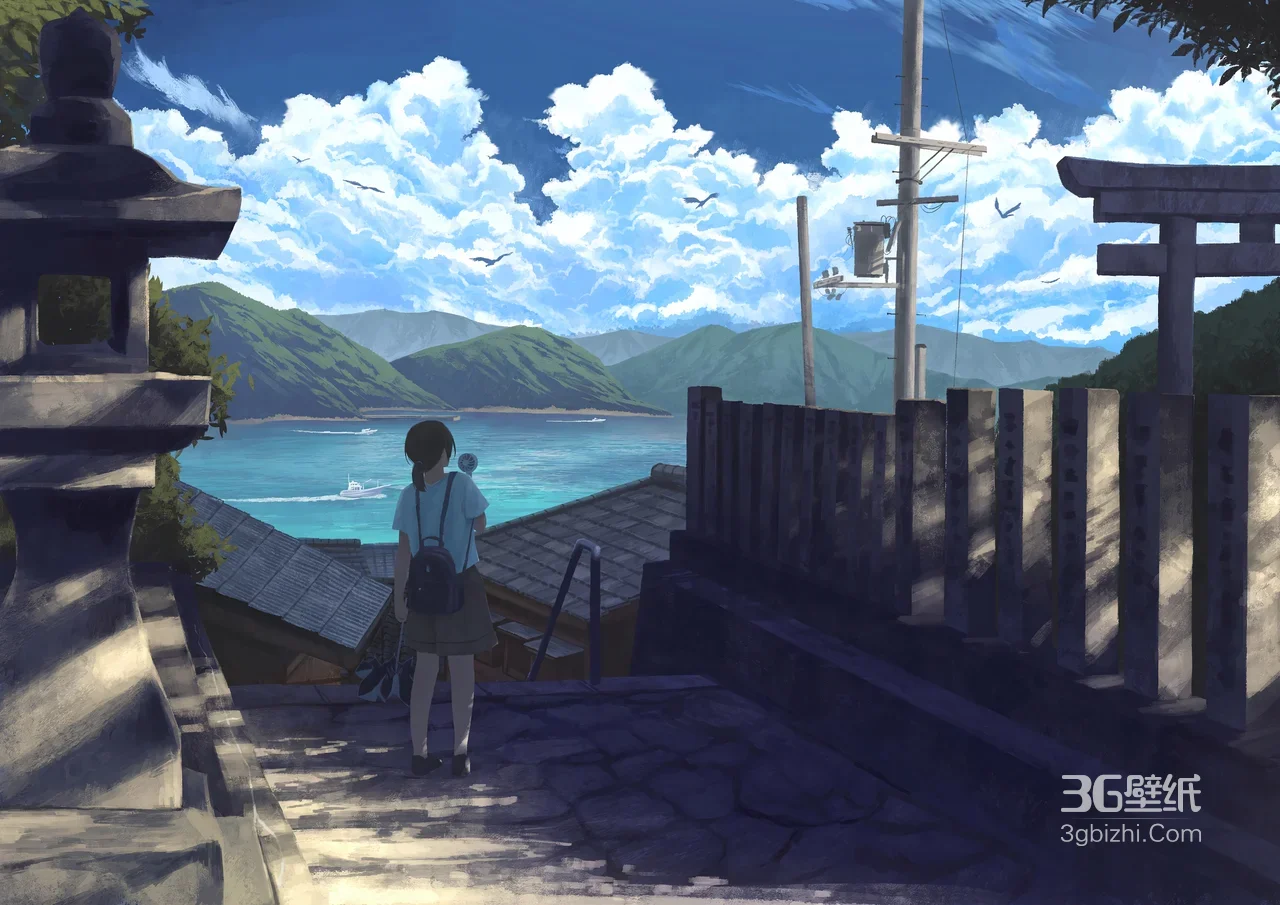 日系海边小镇少女眺望海景·宽屏车机壁纸1