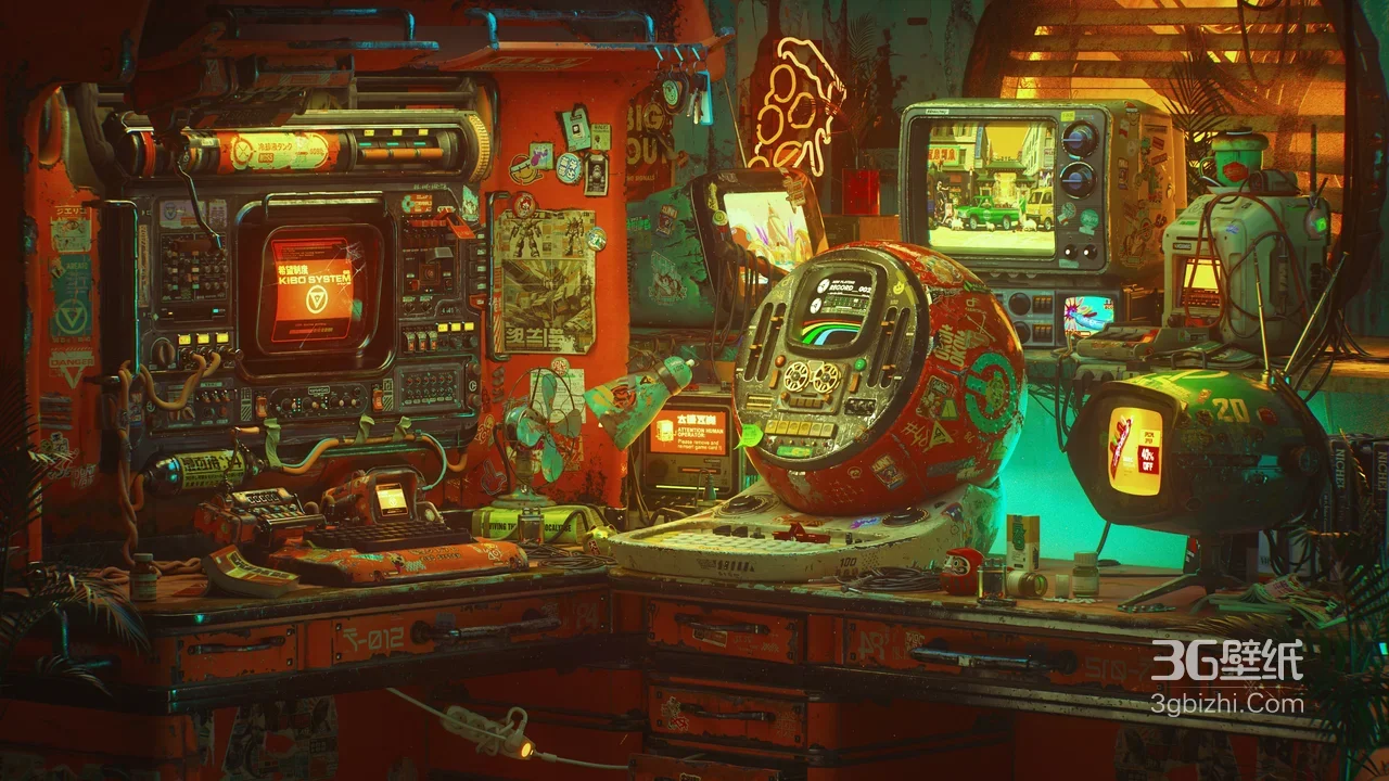 赛博朋克复古科技工作台·未来感机械控制台宽屏电脑壁纸1