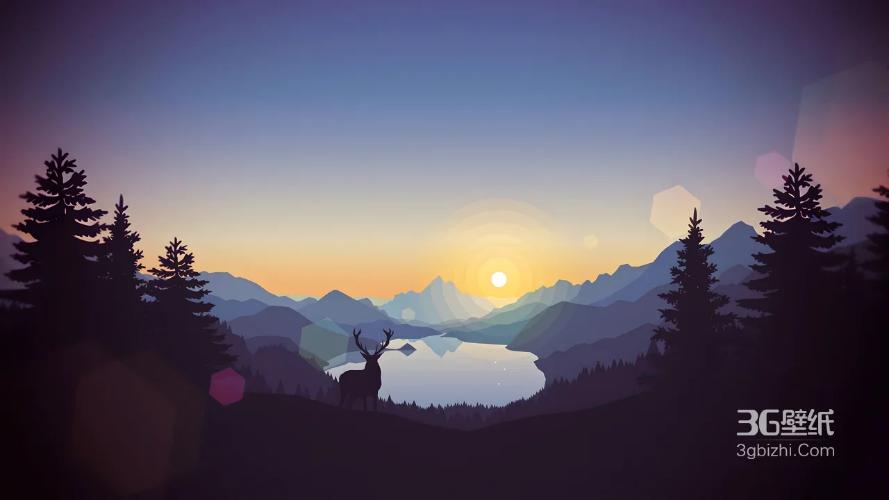 山林湖鹿·日出唯美扁平风 电脑桌面背景1