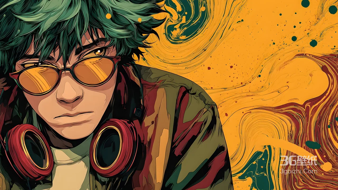 潮流插画动漫帅哥·红耳机橙眼镜 宽屏车机壁纸1