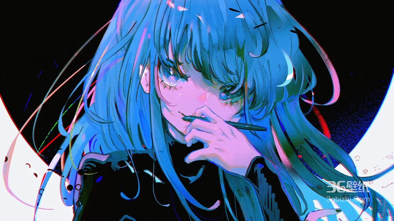 蓝发少女·赛博暗黑炫彩风 原创插画 小众艺术感电脑壁纸1