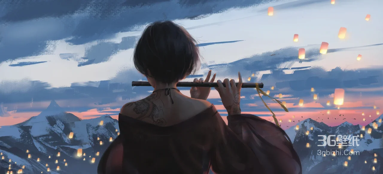 吹笛纹身女子·雪山孔明灯唯美意境 宽屏车机壁纸1