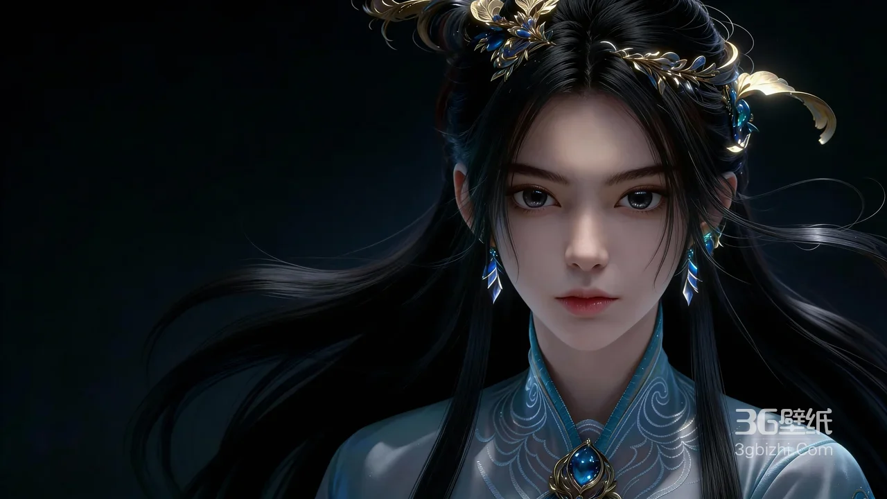 古风动漫角色·宁姚·蓝金国风服饰 国漫CG风电脑壁纸1
