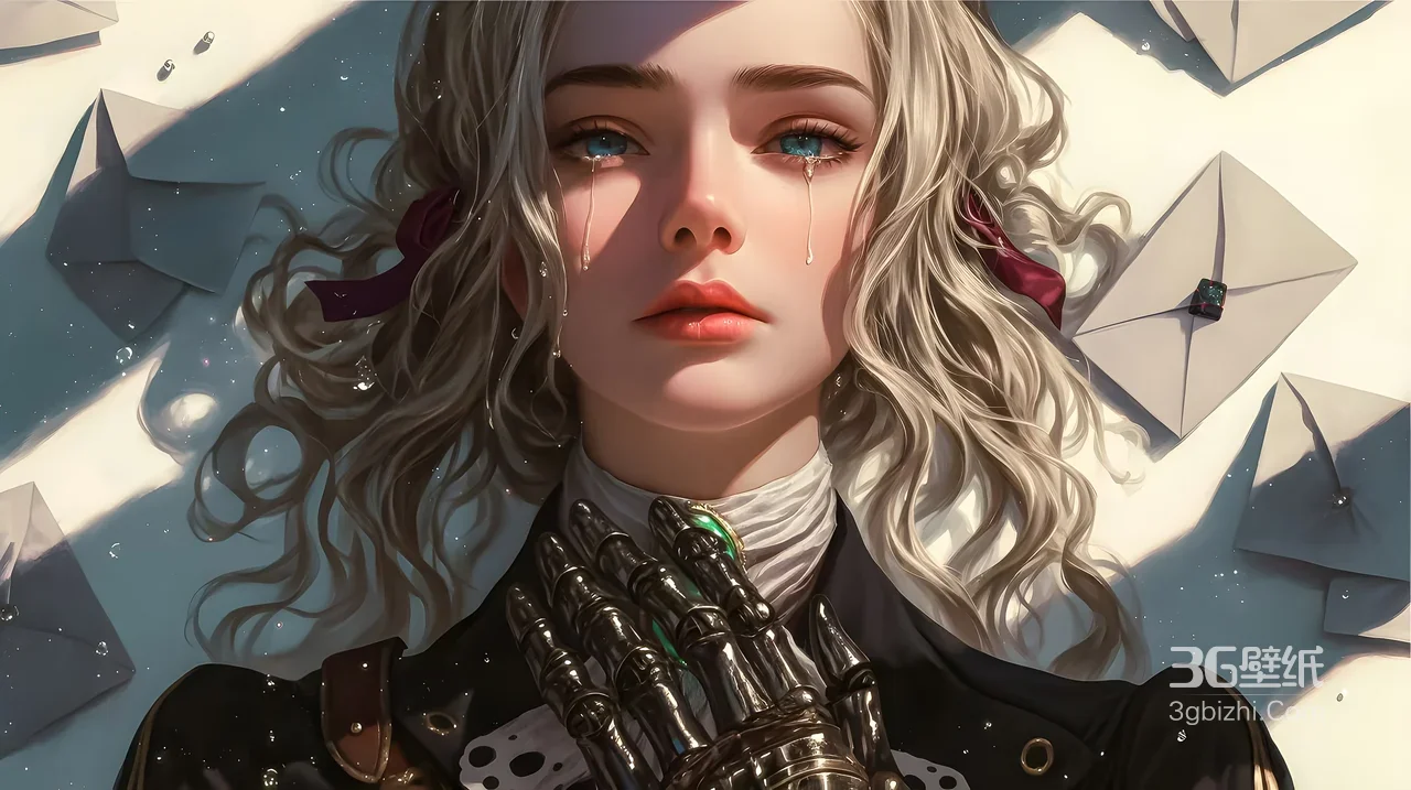 机械手套卷发少女·丝带 唯美写实原创插画 高人气电脑壁纸1