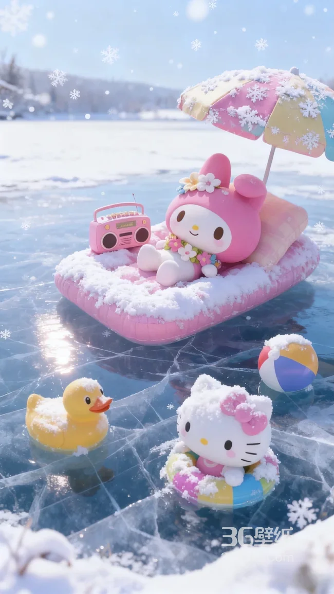 美乐蒂&Hello Kitty 冬日冰面度假·可爱三丽鸥壁纸（萌系冬日壁纸）1