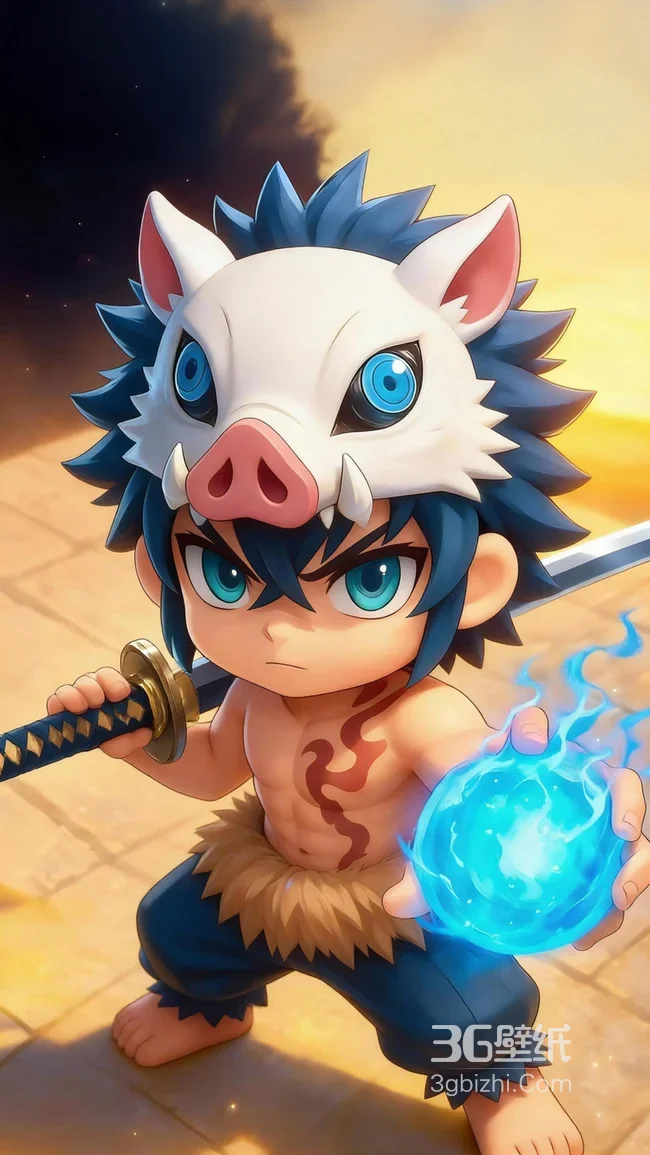 Q版嘴平伊之助·野猪头套持刀 日漫风热血手机壁纸1