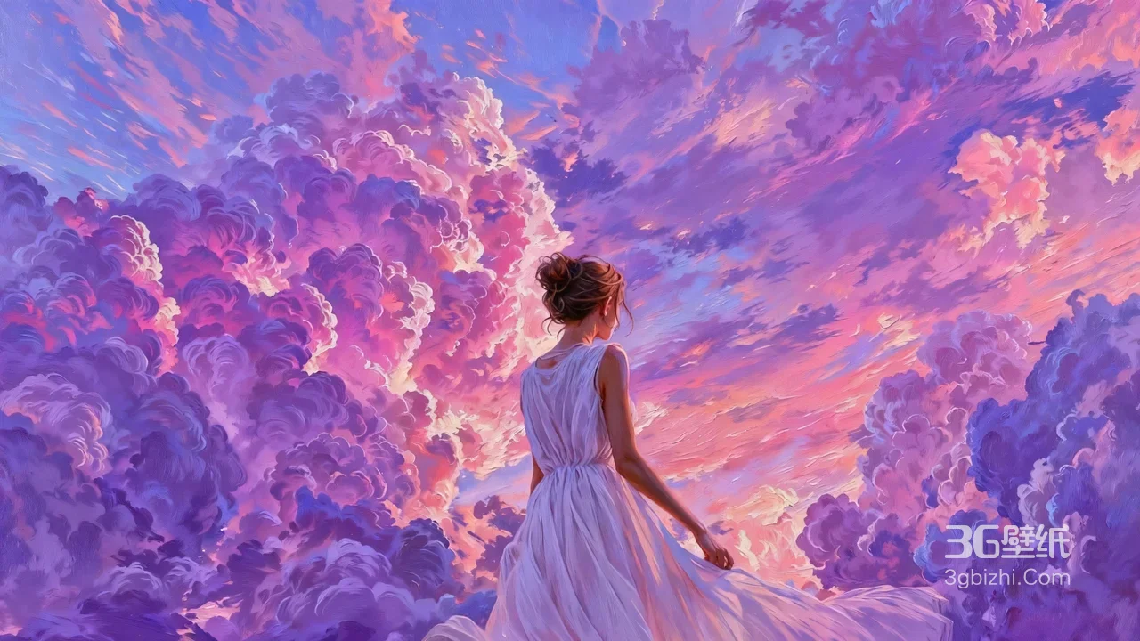 白衣女子云间漫舞 超治愈油画风晚霞云海电脑壁纸1