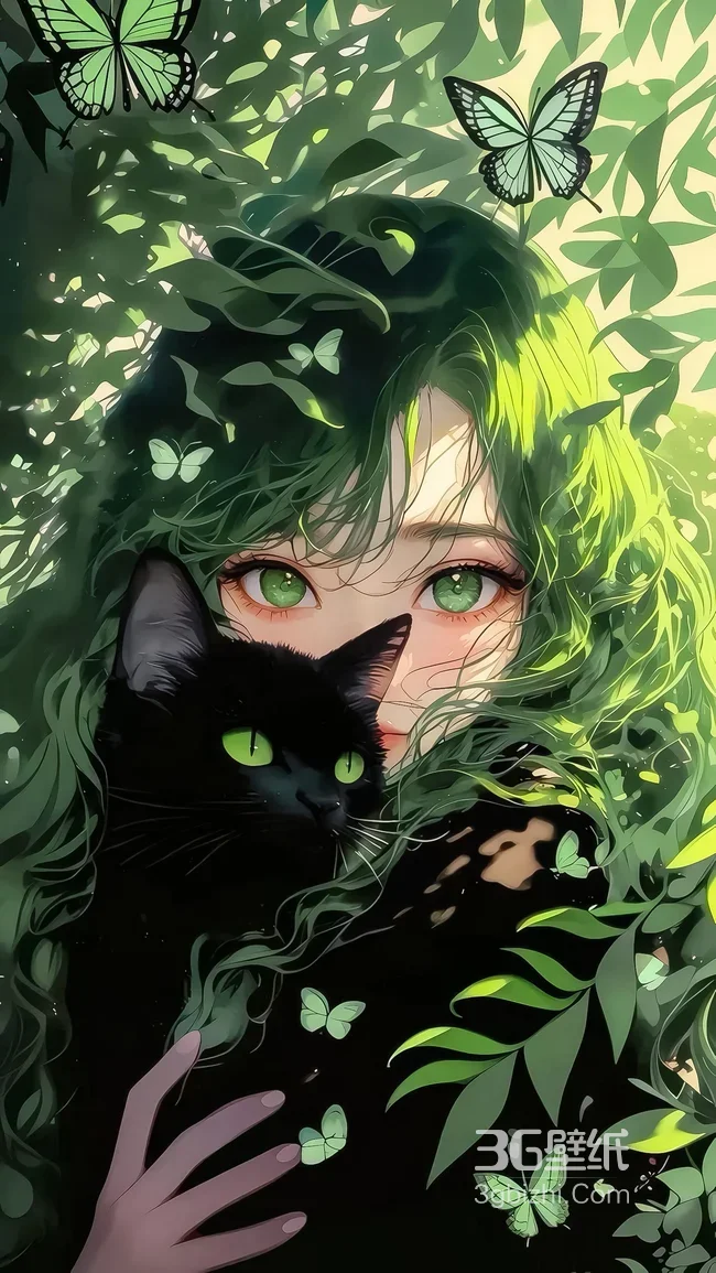 绿发绿眼少女·黑猫相伴 唯美插画风 森系治愈壁纸1