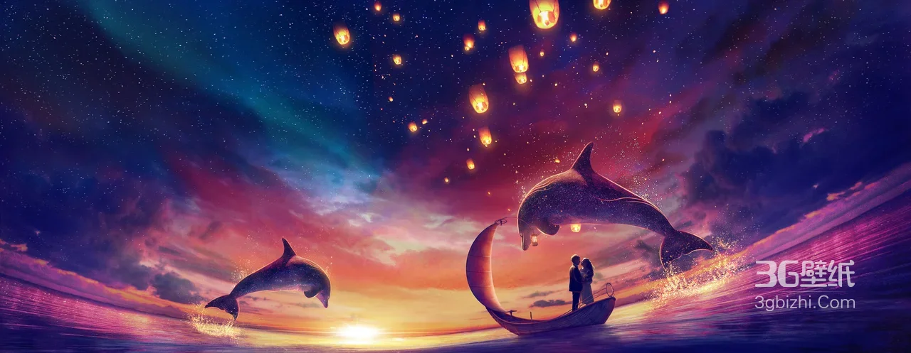 情侣海豚孔明灯 唯美日落海面插画 宽屏电脑壁纸1