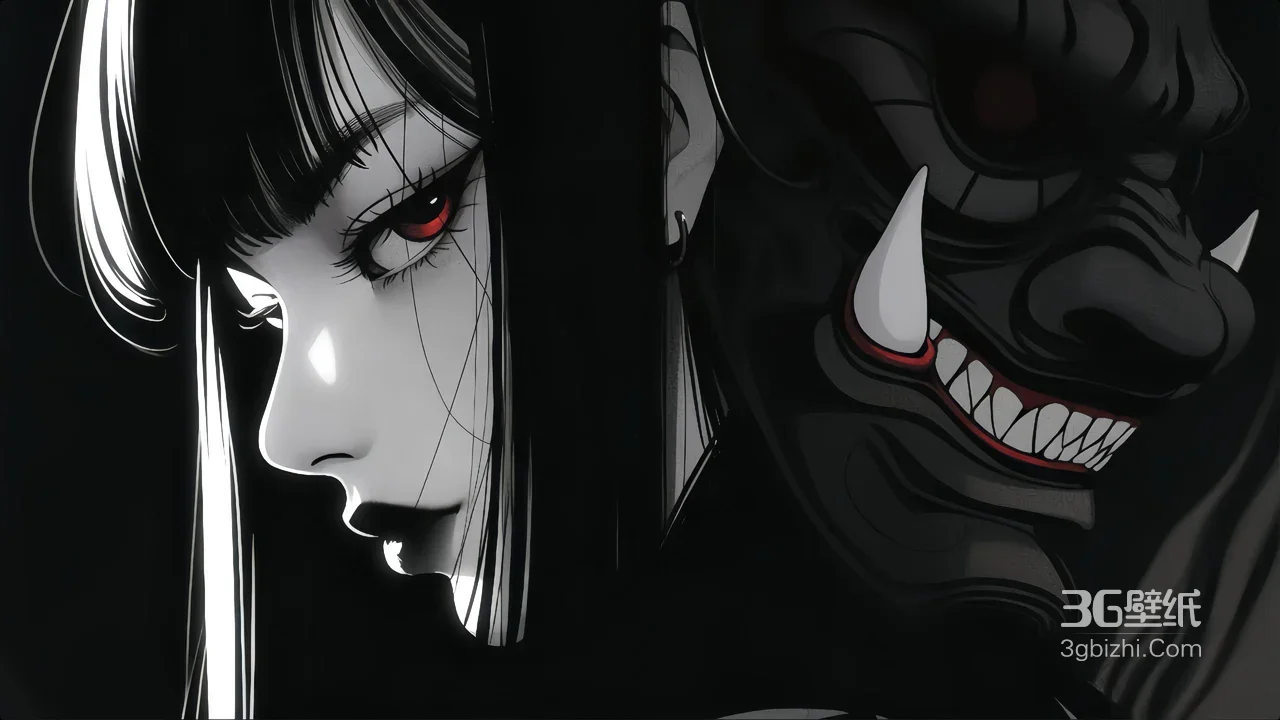 暗黑系红眼少女·般若面具 日式暗黑风动漫插画 高人气桌面背景1