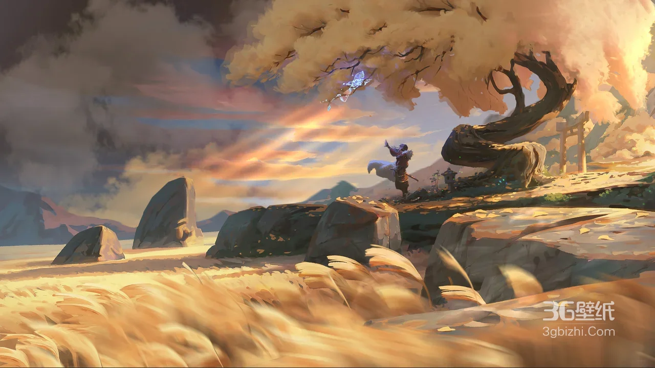 古风武士·唤蝶 国风唯美 金色麦田巨树 热门电脑桌面背景1